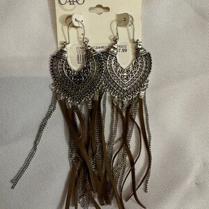 NWT-Silver earrings with brown suede and silver dangles.